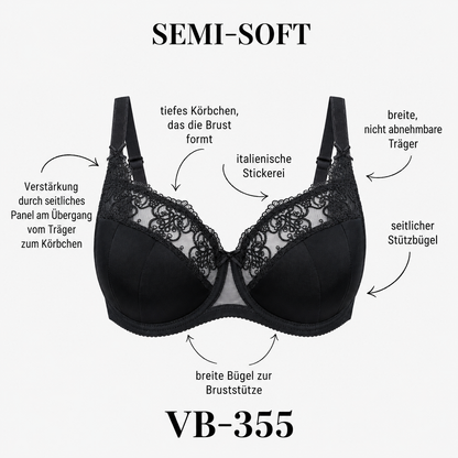 Schwarzer VB-355 Semi-Soft BH Produktgrafik mit Details zur K15-Konstruktion