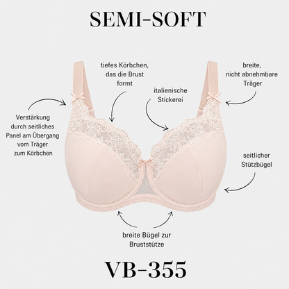 Detailgrafik eines Semi-Soft Bügel-BHs mit italienischer Spitze, seitlichem Stützbügel und breiten Trägern