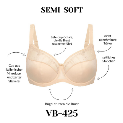 Produktdetails eines beigen Semi-Soft BHs mit Bügeln, Tüll-Cups, seitlichen Stäbchen und dekorativen Trägern