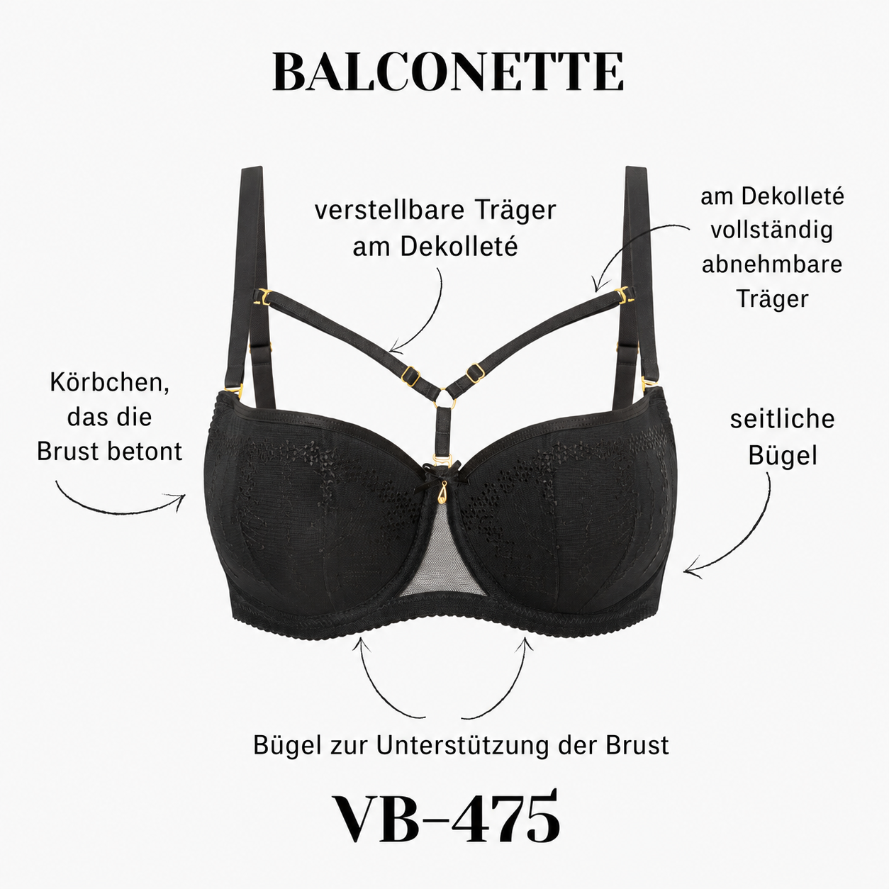 Schwarzer Vena VB-475 Balconette Stütz-BH mit Bügeln und abnehmbaren Dekolleté-Riemchen