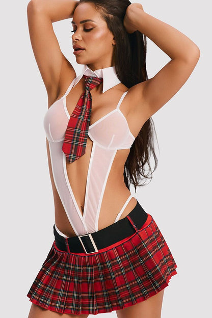 College Girl Kostüm Damen 5-teilig mit transparentem weißem Body, rotem kariertem Minirock, Krawatte und Gürtel