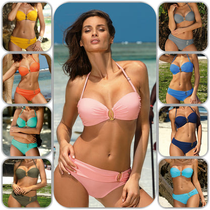 Collage verschiedener Bikini-Farbvarianten mit rosafarbenem Bikini als großem Hauptmotiv in der Mitte.
