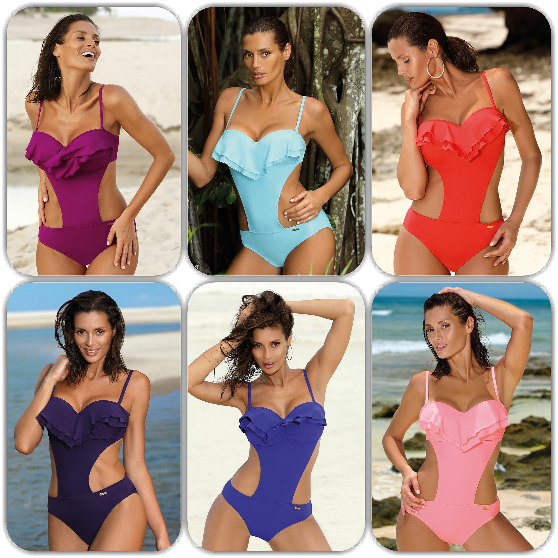 Farbübersicht des Push-up Monokinis mit Rüschen und Cut-outs in Fuchsia, Hellblau, Koralle, Lila, Blau und Rosa