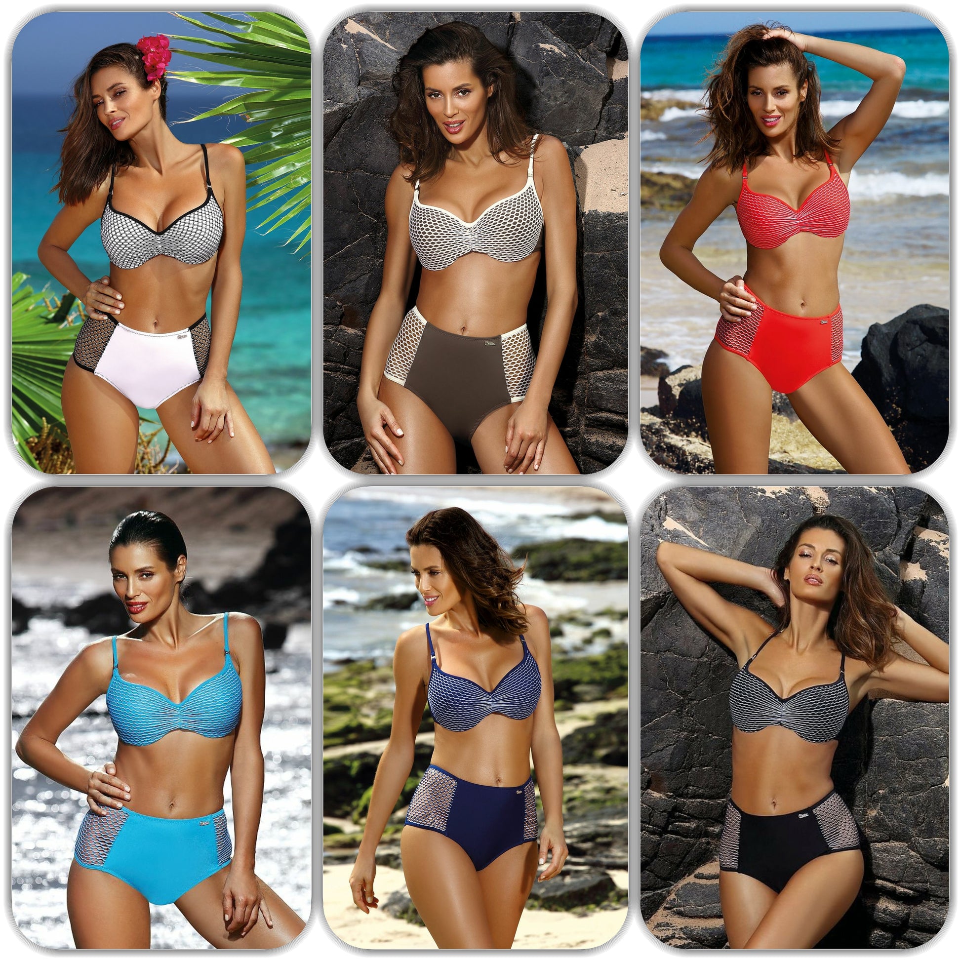 High-Waist Push-up Bikini mit Bügel und Netzdetails in verschiedenen Farben