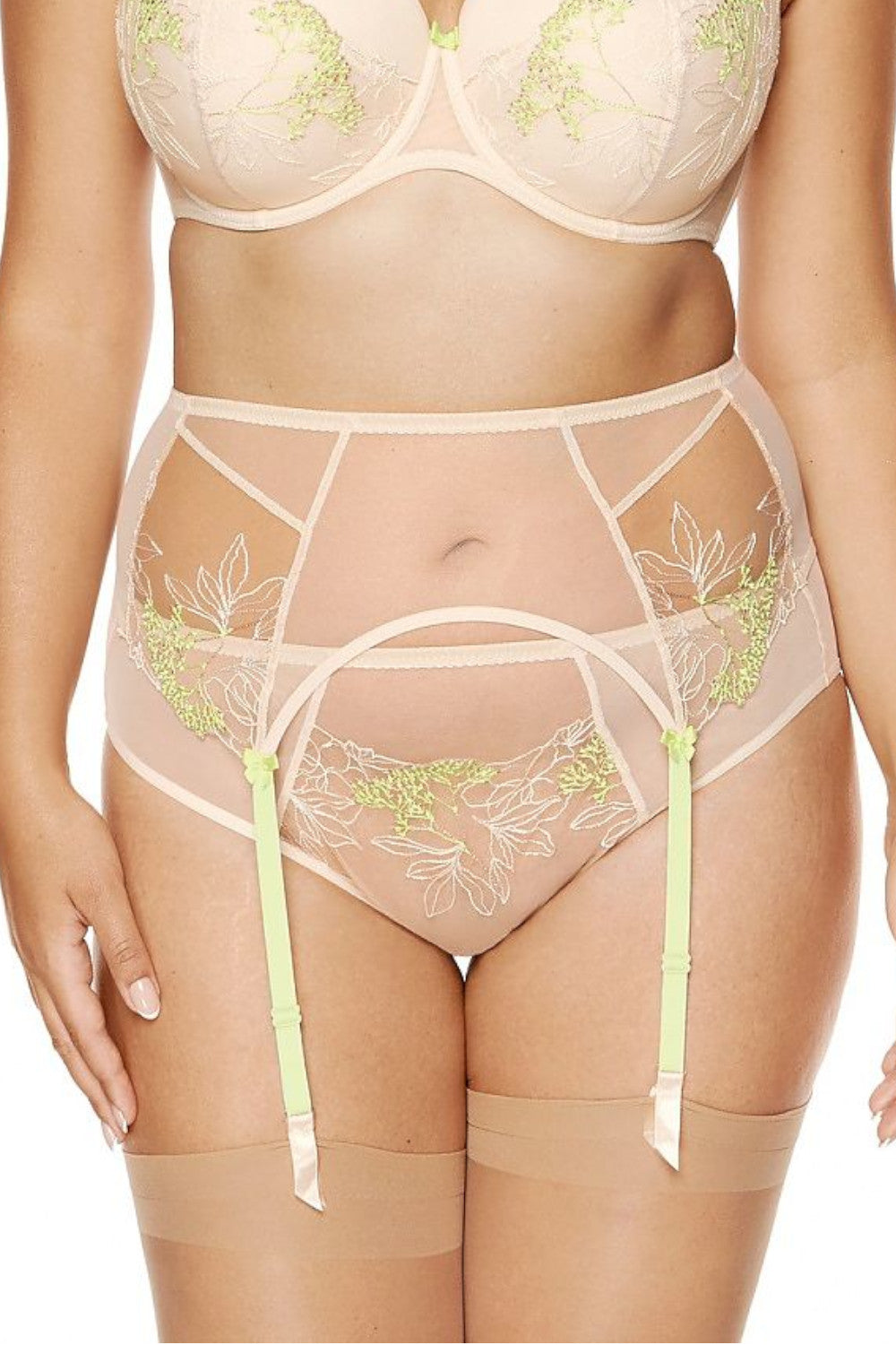 Strumpfhalter aus Tüll und bunter Stickerei mit Blumenmuster 198753