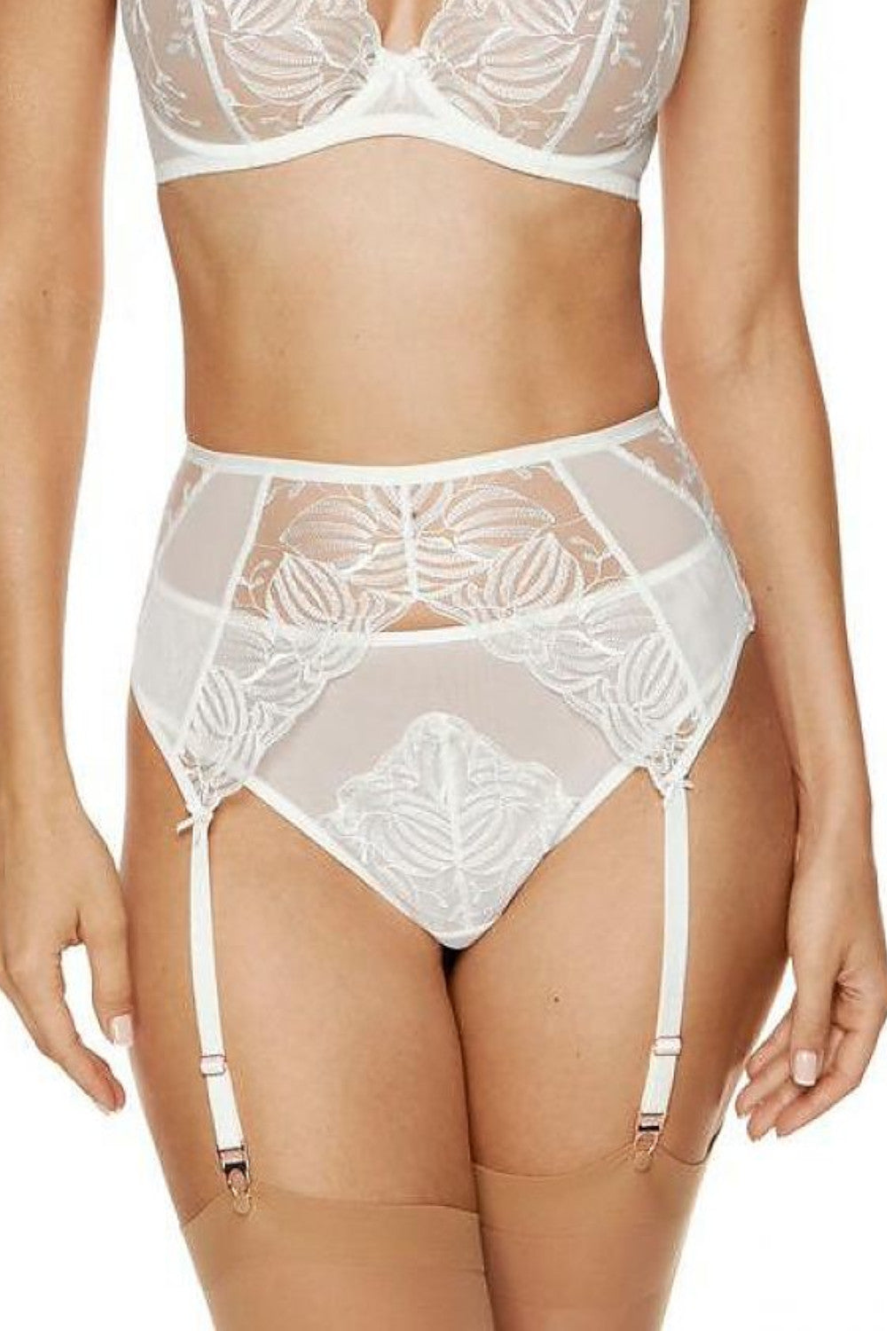 Cremefarbener Strumpfgürtel mit schimmernde Stickerei auf der Vorderseite 197768