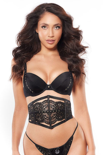 Klassischer schwarzer Push Up BH aus schimmerndem Stoff mit goldenen Nieten 220349