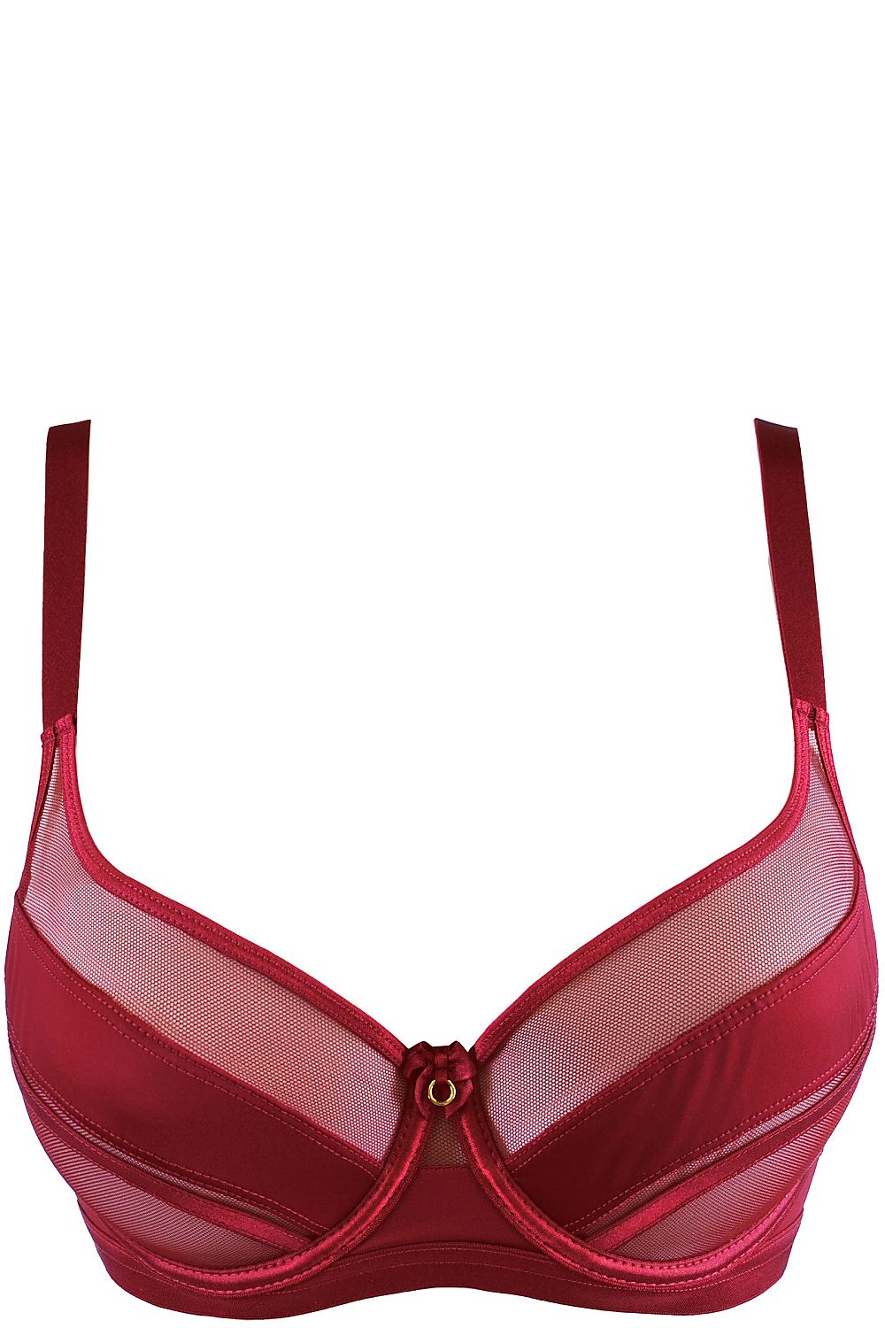 Detailaufnahme burgunderfarbener BH – Tüllstruktur, Nahtführung und luxuriöse Goldapplikation