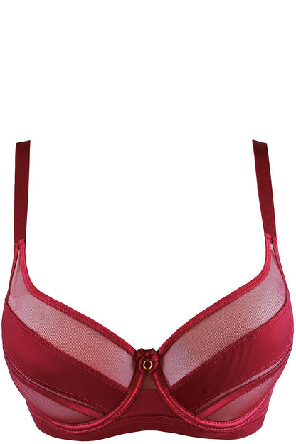 Detailaufnahme burgunderfarbener BH – Tüllstruktur, Nahtführung und luxuriöse Goldapplikation
