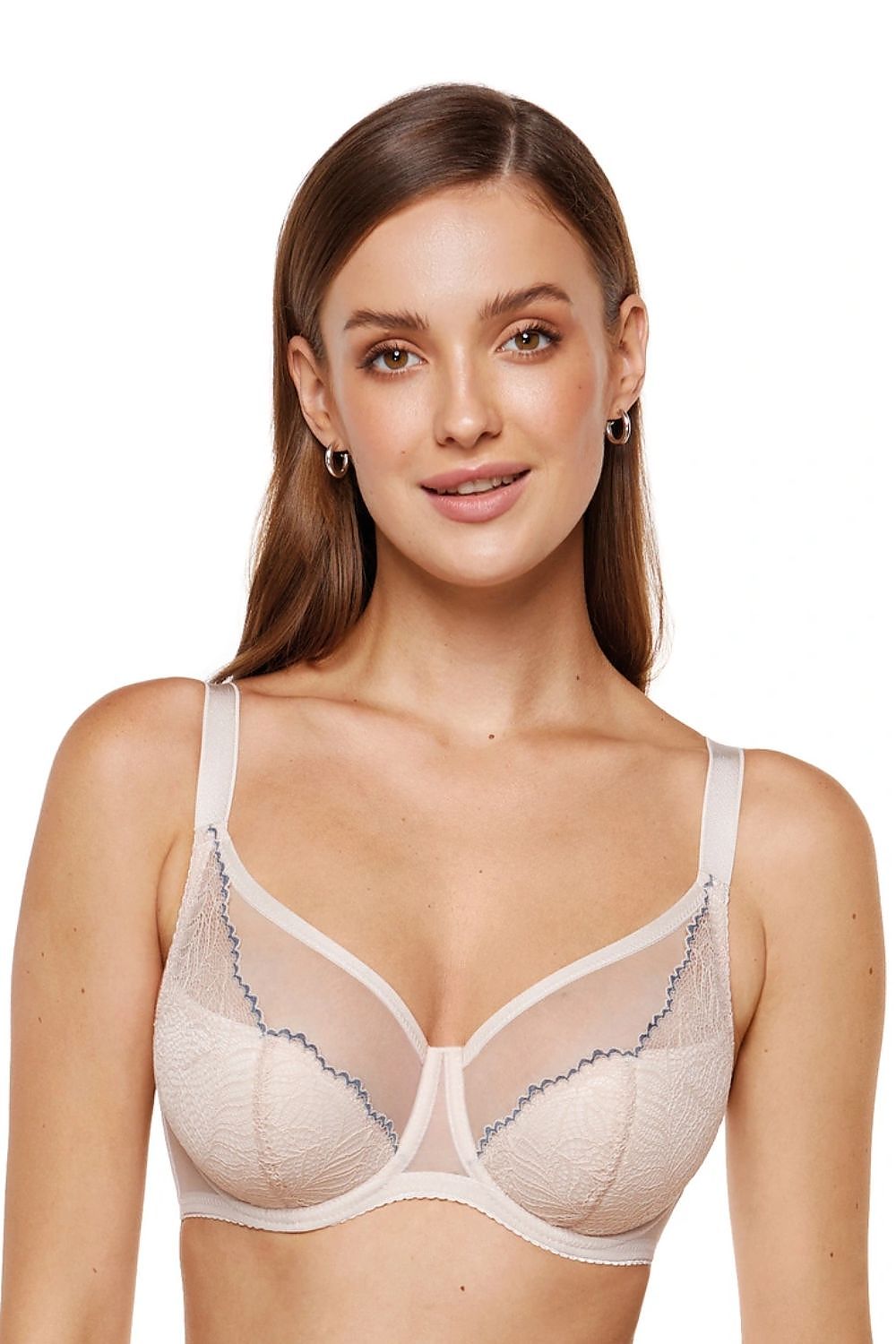 Spitzen BH Damen beige mit transparenter Tülloptik und blauer Kante Detail