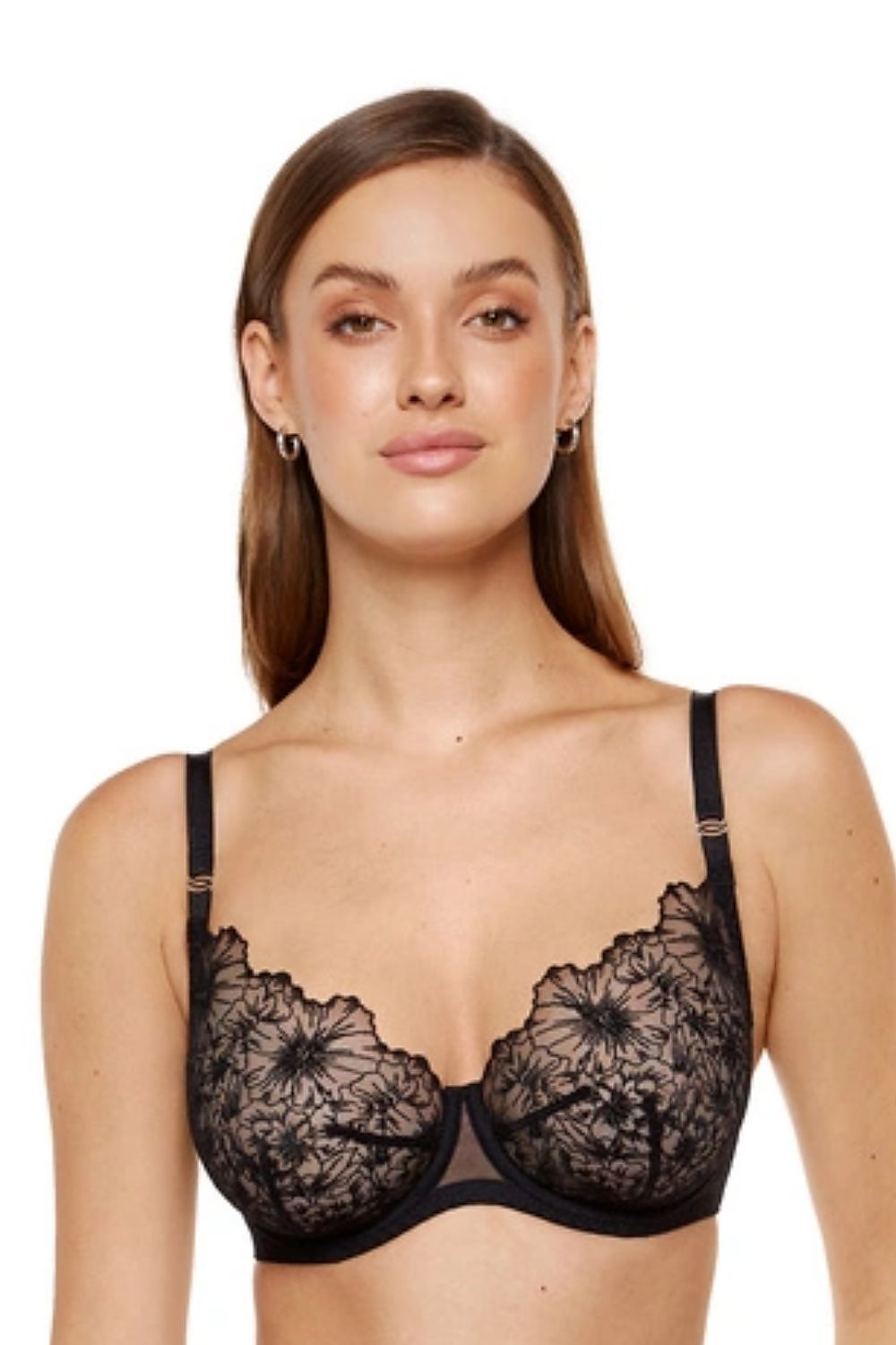 Schwarzer Noire Spitzen BH floral bestickt transparent Damen
