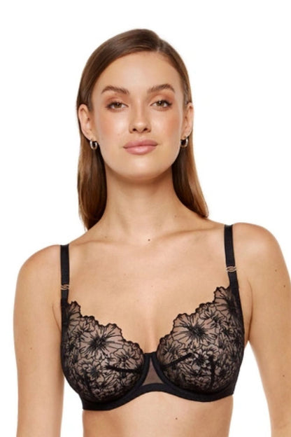 Schwarzer Noire Spitzen BH floral bestickt transparent Damen