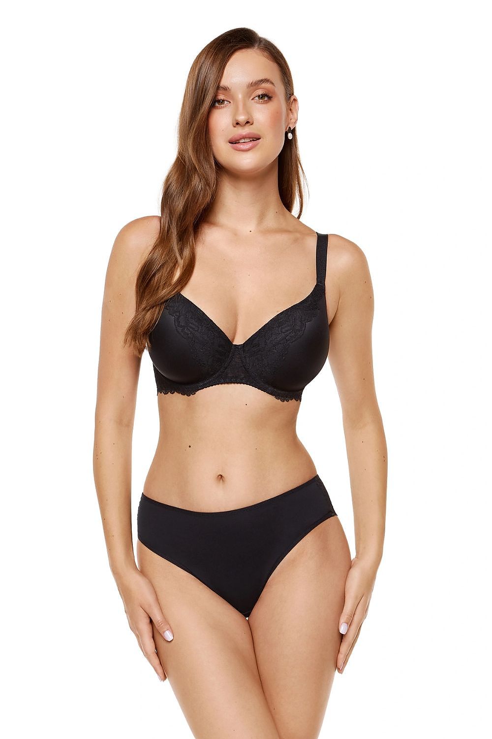 Damen BH schwarz mit Spitze und Thermokörbchen Frontansicht mit Slip Set elegant