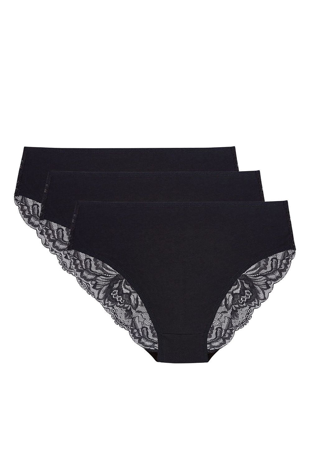 3er Pack schwarze Damen Baumwollslips mit Spitzenrücken