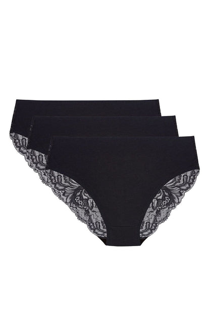 3er Pack schwarze Damen Baumwollslips mit Spitzenrücken