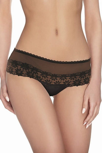 Schwarzer Damen String Tanga mit transparenter Tüllpartie und floraler Spitze