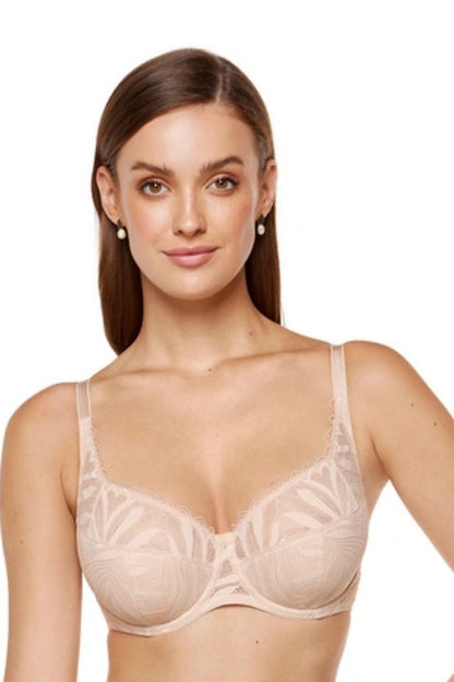 Detailansicht des Eclipse Halbsteif BHs mit halbsteifen Cups aus Spitze und transparentem Tüll in Nude Beige