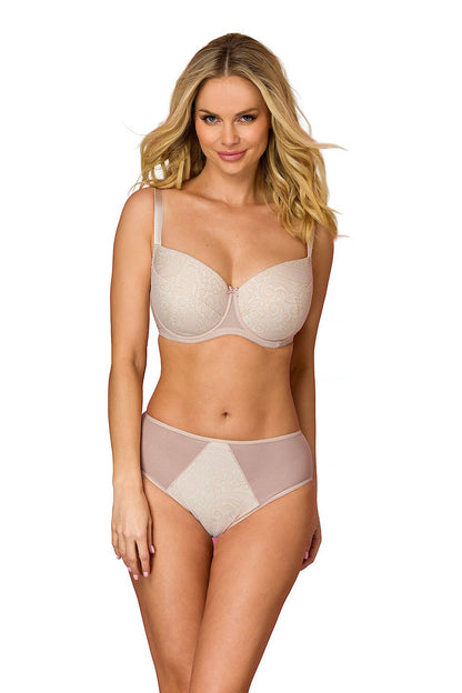 Gepolsterter Damen-Bügel-BH in Rosé-Beige mit feinem Ornamentmuster und dekorativer Schleife von vorne