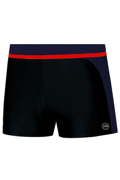 Herren Badehose S99F in Schwarz und Dunkelblau mit rotem Streifen, Vorderansicht