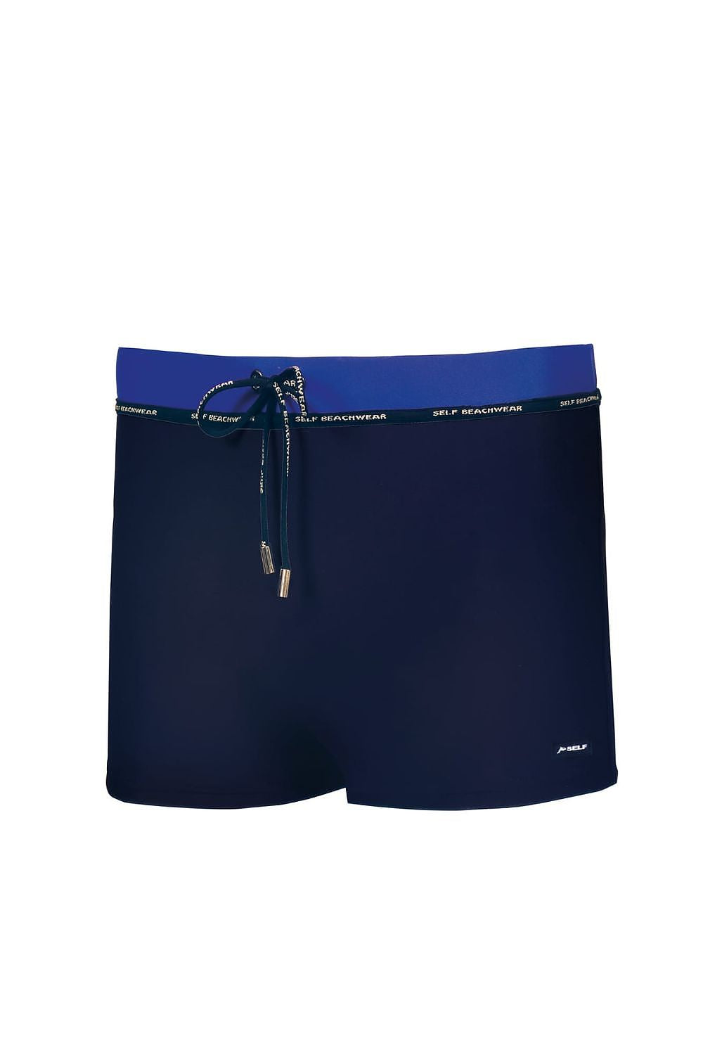 Herren Badeboxer in Marineblau mit blauem Bund, Kordelzug und sportlichem Logo-Detail in der Vorderansicht