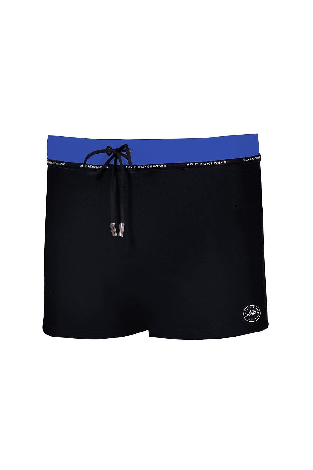 Dunkle Herren Badehose mit blauem Kontrastbund, schwarzem Kordelzug und kleinem Logo-Patch vorne
