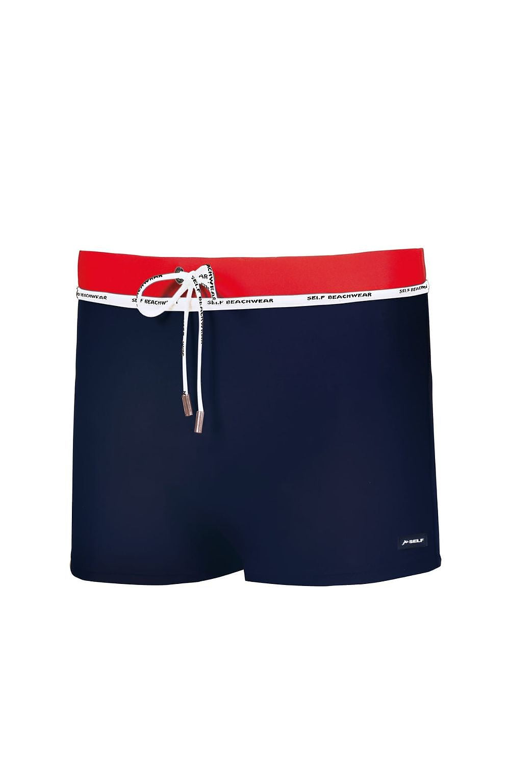 Herren Badeboxer in Marineblau mit rotem Bund, weißem Kordelzug und sportlichem Logo-Detail vorne