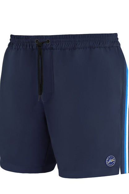 Marineblaue Herren-Badeshorts mit elastischem Bund, Kordelzug und seitlichen Streifen