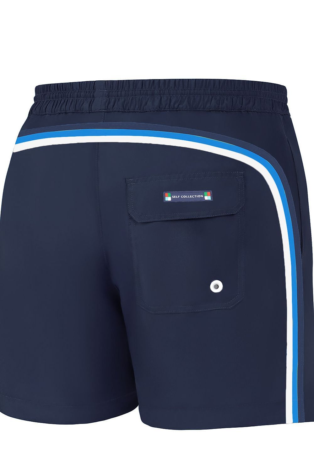 Rückansicht der marineblauen Herren-Badehose mit Gesäßtasche, Klettverschluss und Ablauföse