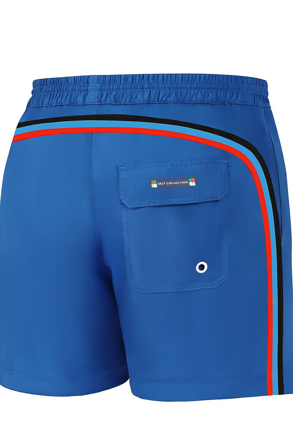 Rückansicht der blauen Herren-Badeshorts mit farbigen Seitenstreifen und praktischer Gesäßtasche