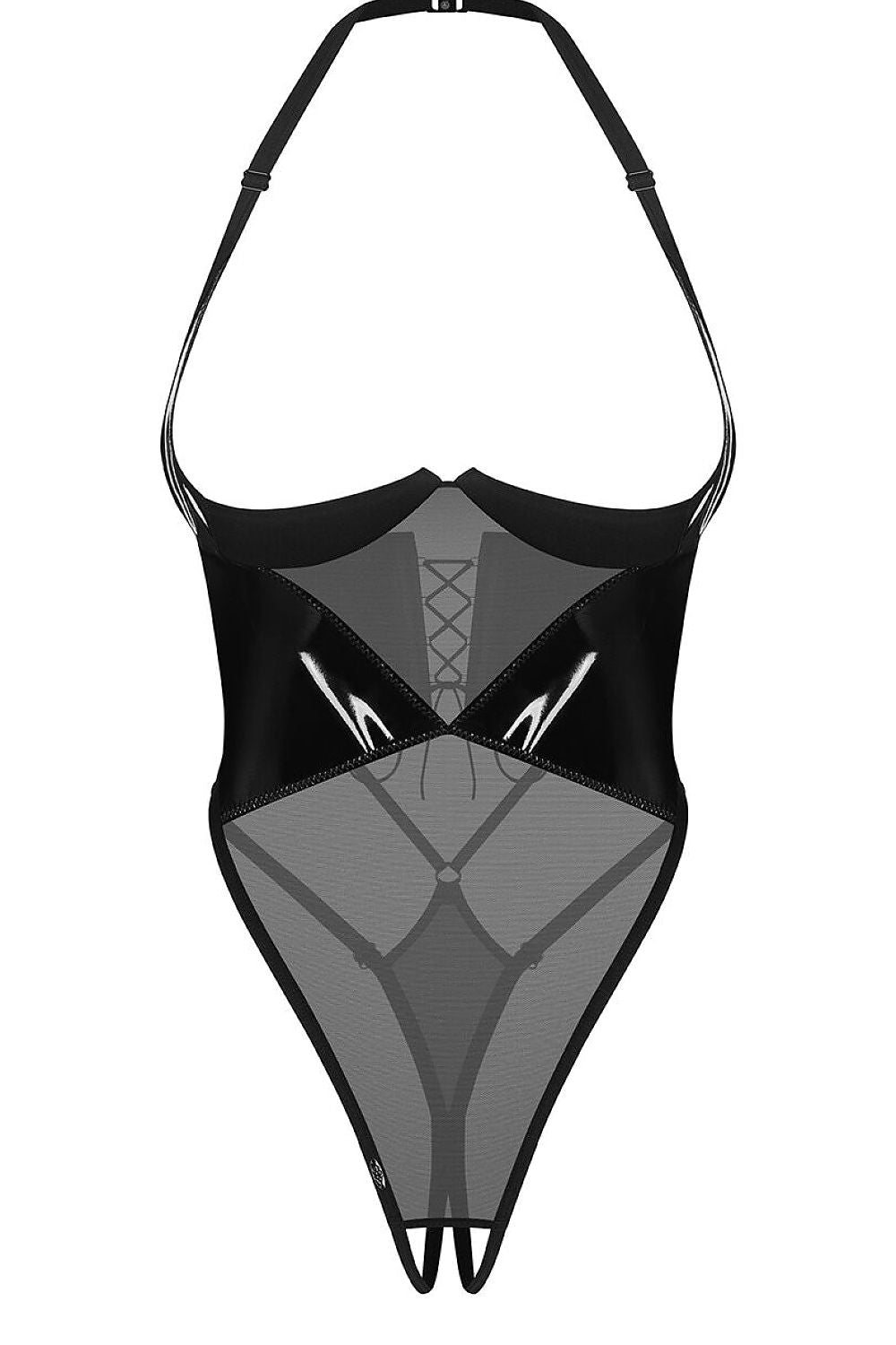 Rolleya Body schwarz aus transparentem Mesh mit Wetlook-Einsätzen und Open-Cup-Design – Vorderseite