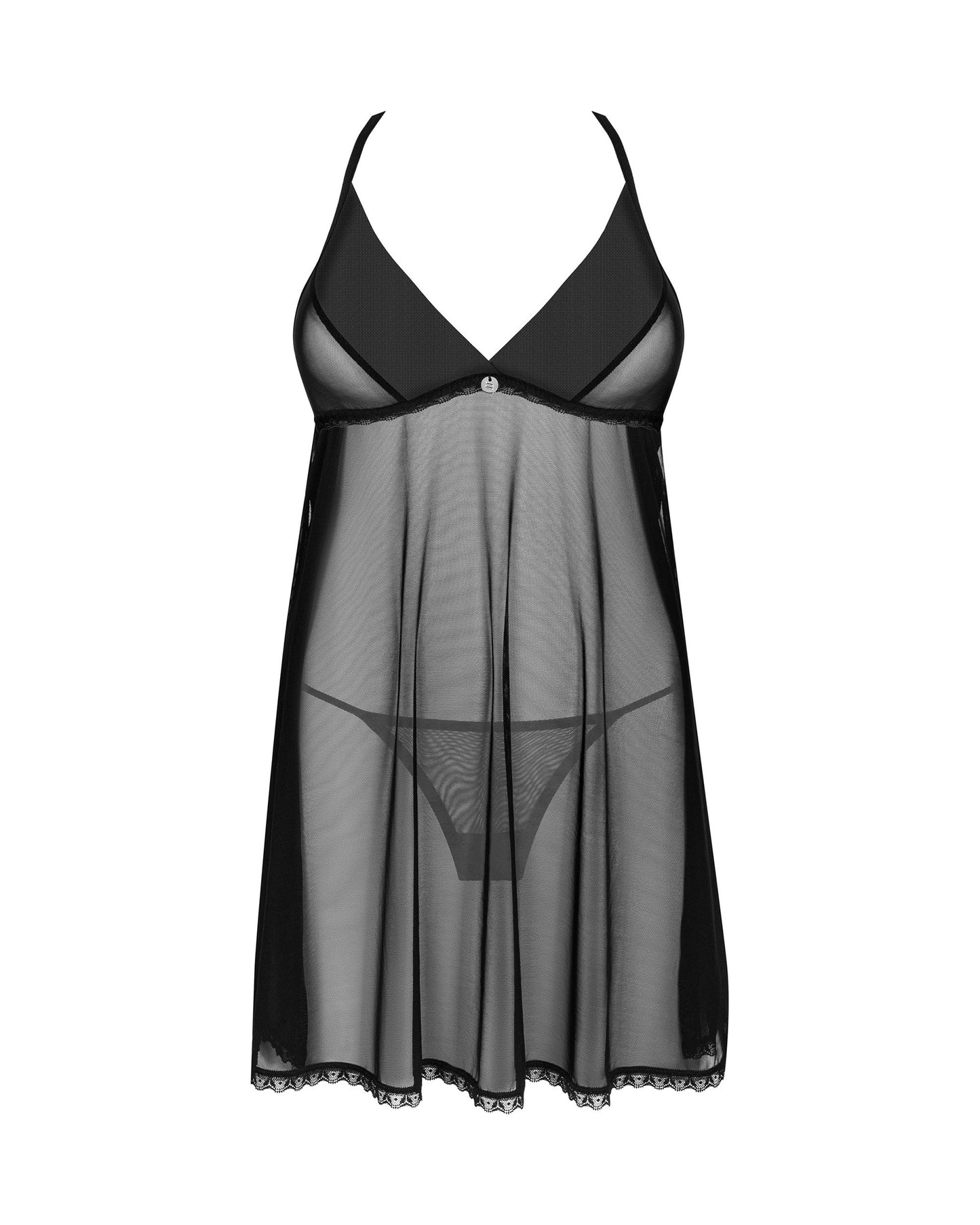 Freisteller Vorderseite – transparentes schwarzes Babydoll mit verstellbaren Trägern, silbernem Anhänger und String-Set