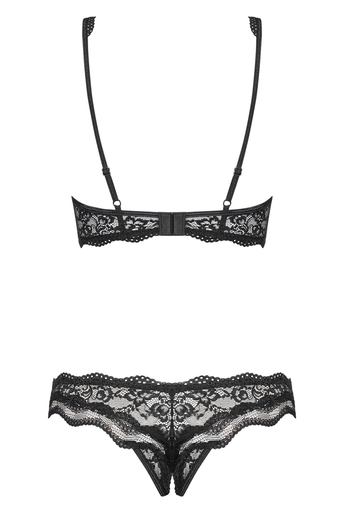 Hintere Produktansicht des schwarzen Luvae Dessous-Sets mit Spitzen-BH, verstellbaren Trägern, Hakenverschluss und Spitzenstring mit floralem Muster auf weißem Hintergrund.