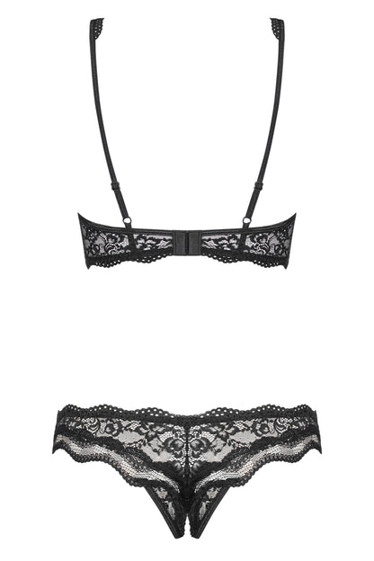 Hintere Produktansicht des schwarzen Luvae Dessous-Sets mit Spitzen-BH, verstellbaren Trägern, Hakenverschluss und Spitzenstring mit floralem Muster auf weißem Hintergrund.