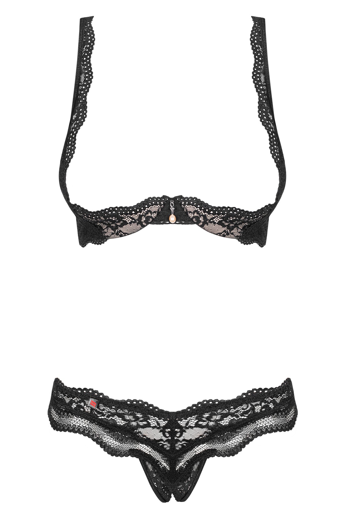 Vordere Produktansicht des schwarzen Luvae Ouvert-Sets mit offenem Spitzen-BH, Schmuckanhänger, verzierten Trägern und passendem Spitzenstring auf weißem Hintergrund.