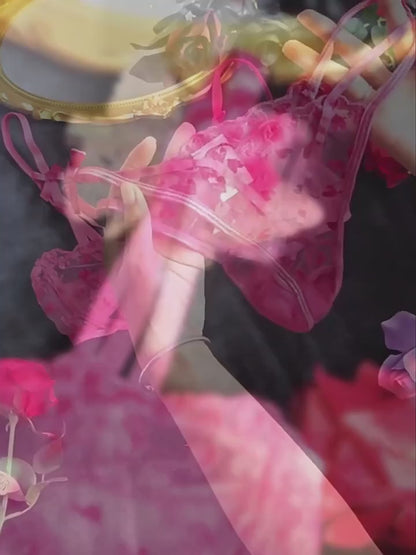 Bügel BH Set Bestickt transparent Soft Cup Damen Dessous String Unterwäsche Pink