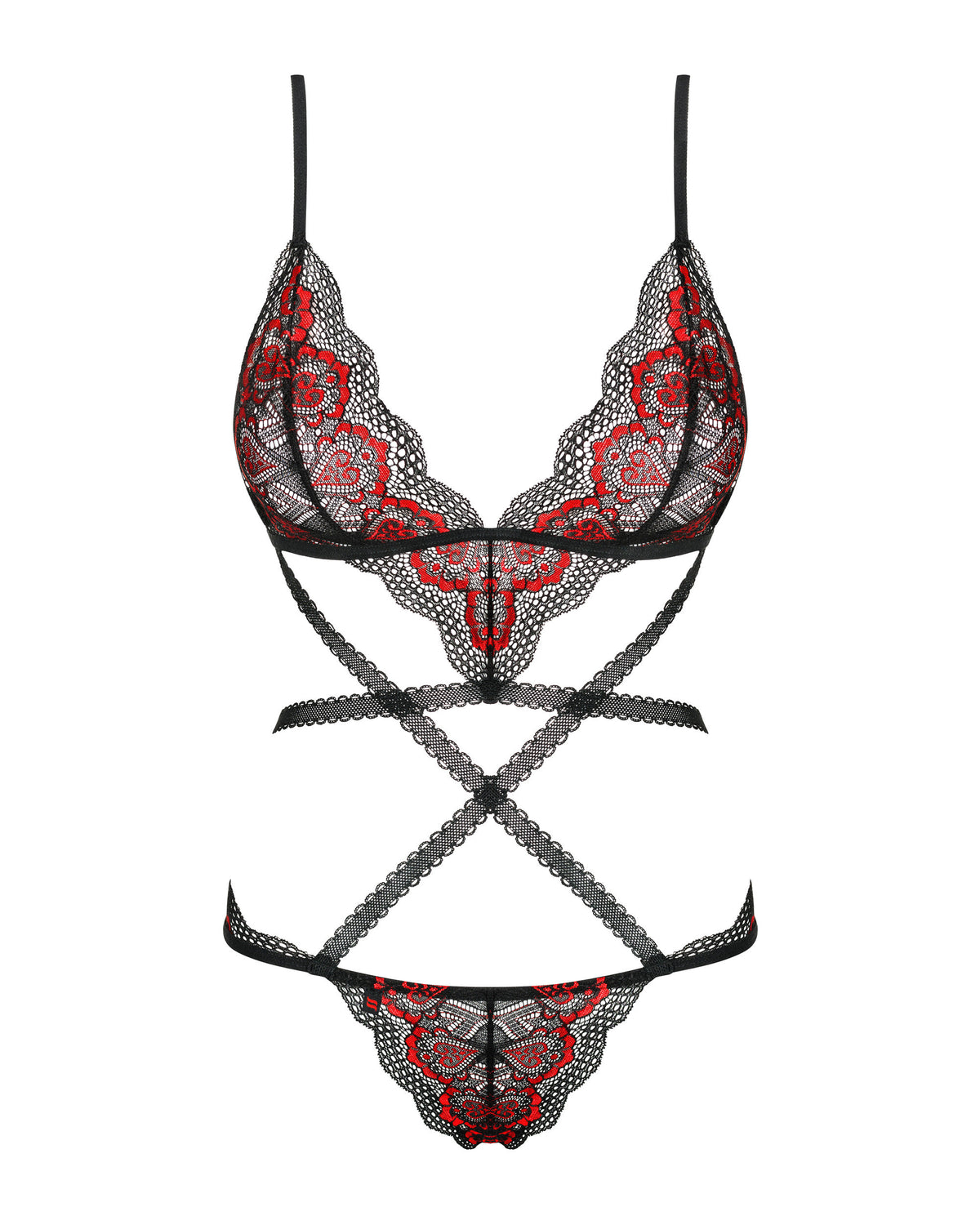 Spitzenbody schwarz rot mit dreieckigen Cups und gekreuzten Riemchen Produktansicht