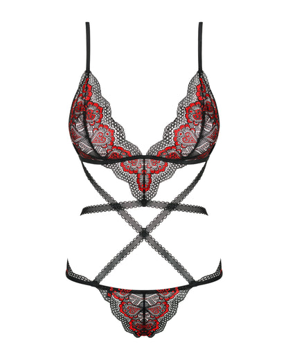 Spitzenbody schwarz rot mit dreieckigen Cups und gekreuzten Riemchen Produktansicht