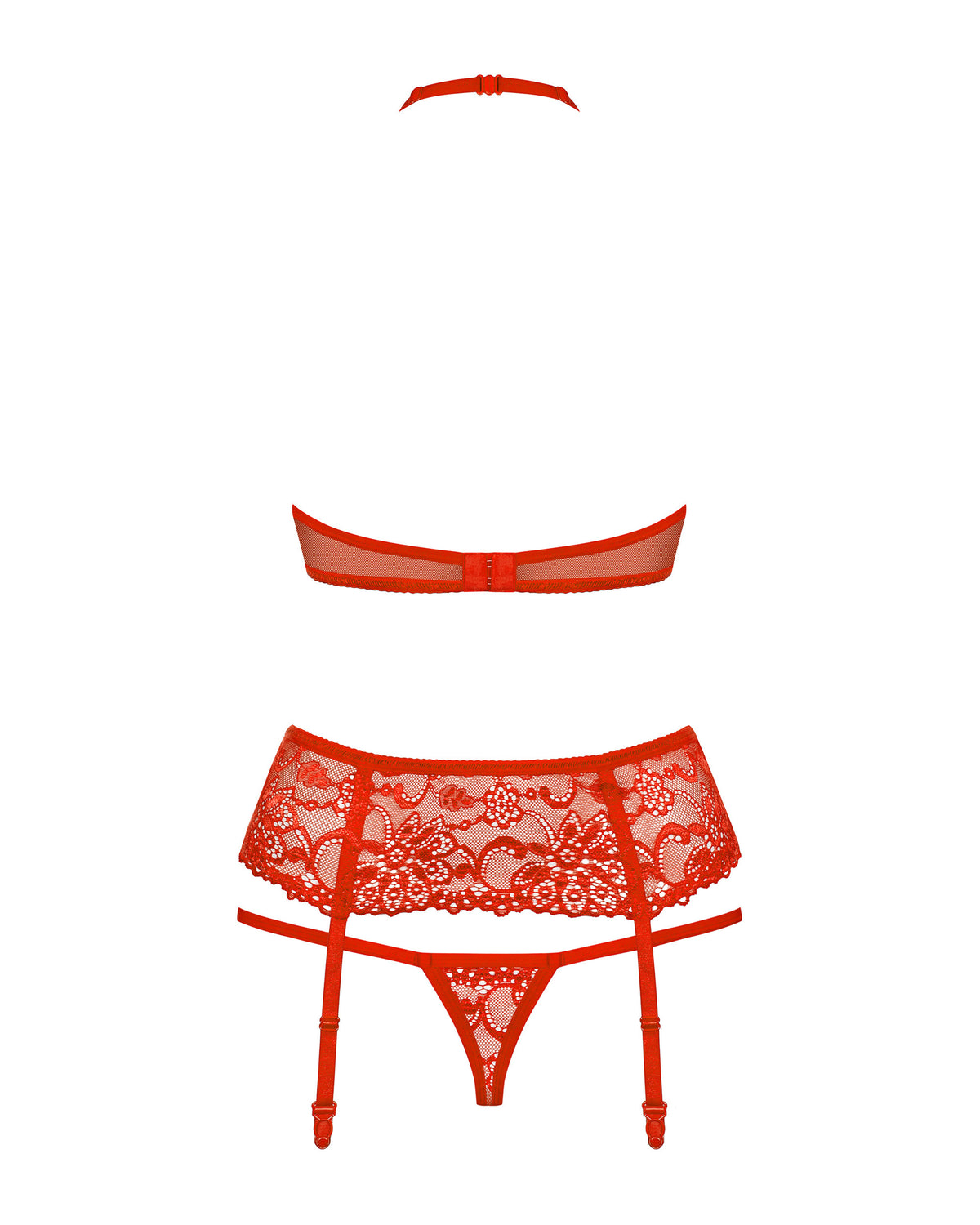 Rückseite eines roten Spitzen-Dessous-Sets mit BH-Verschluss, transparentem String und verstellbarem Spitzen-Strumpfhalter auf weißem Hintergrund.
