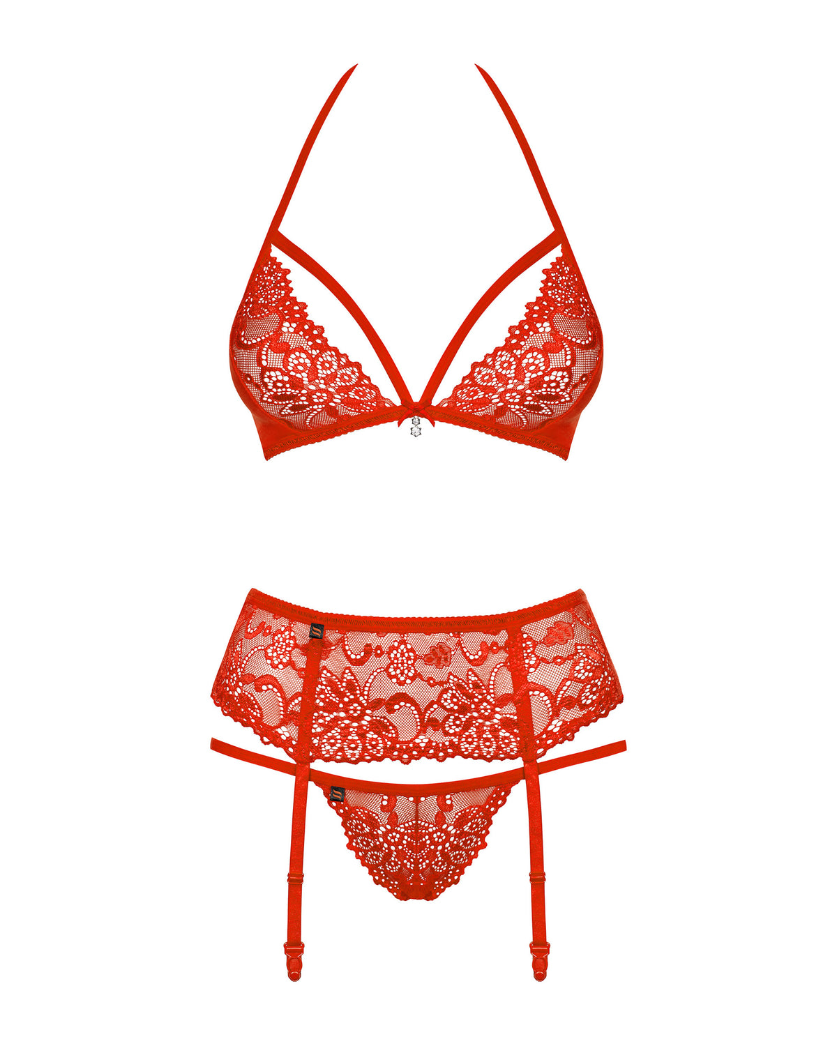 Rotes dreiteiliges Dessous-Set in Vorderansicht mit Spitzen-BH, transparentem Spitzen-String und verstellbarem Strumpfhalter auf weißem Hintergrund.