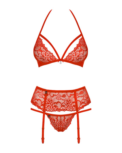 Rotes dreiteiliges Dessous-Set in Vorderansicht mit Spitzen-BH, transparentem Spitzen-String und verstellbarem Strumpfhalter auf weißem Hintergrund.
