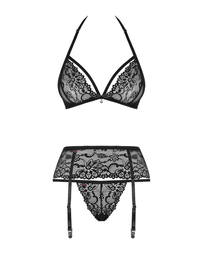 Rückansicht des schwarzen Dessous-Sets mit BH-Verschluss, Spitzenstrumpfhalter mit verstellbaren Bändern und schmaler String-Rückseite.