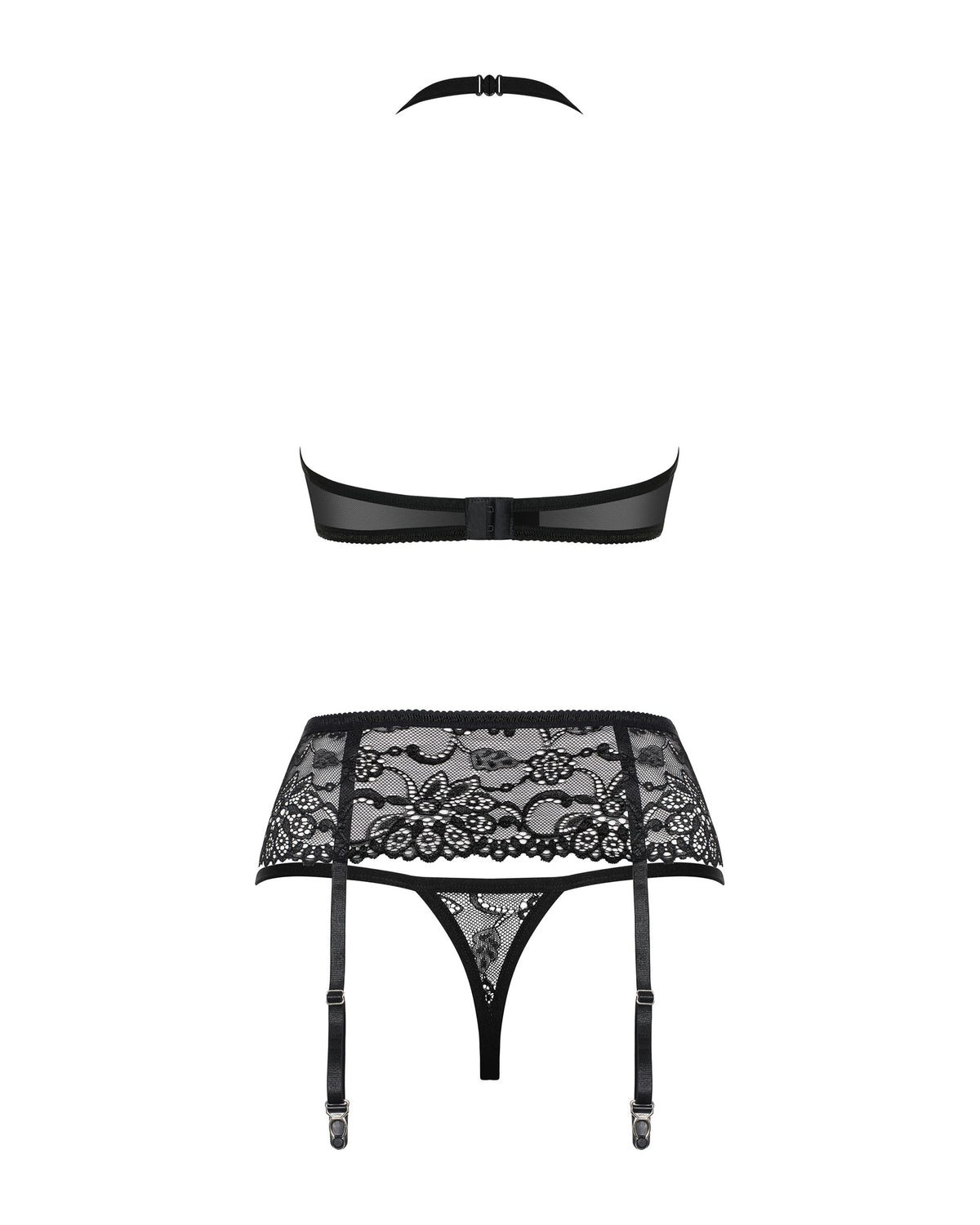 Dreiteiliges schwarzes Dessous-Set einzeln dargestellt mit transparentem Spitzen-BH, breitem floralem Strumpfhalter und passendem String.