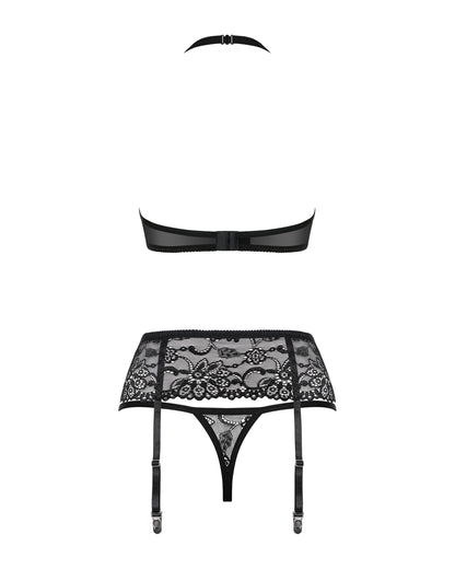 Dreiteiliges schwarzes Dessous-Set einzeln dargestellt mit transparentem Spitzen-BH, breitem floralem Strumpfhalter und passendem String.