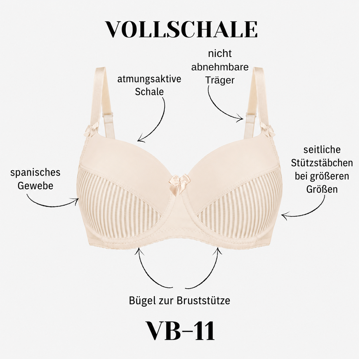 Beiger gepolsterter Vollschalen-BH VB-11 mit Bügeln, gerippten Cups, Seitenstütze und breiten Trägern
