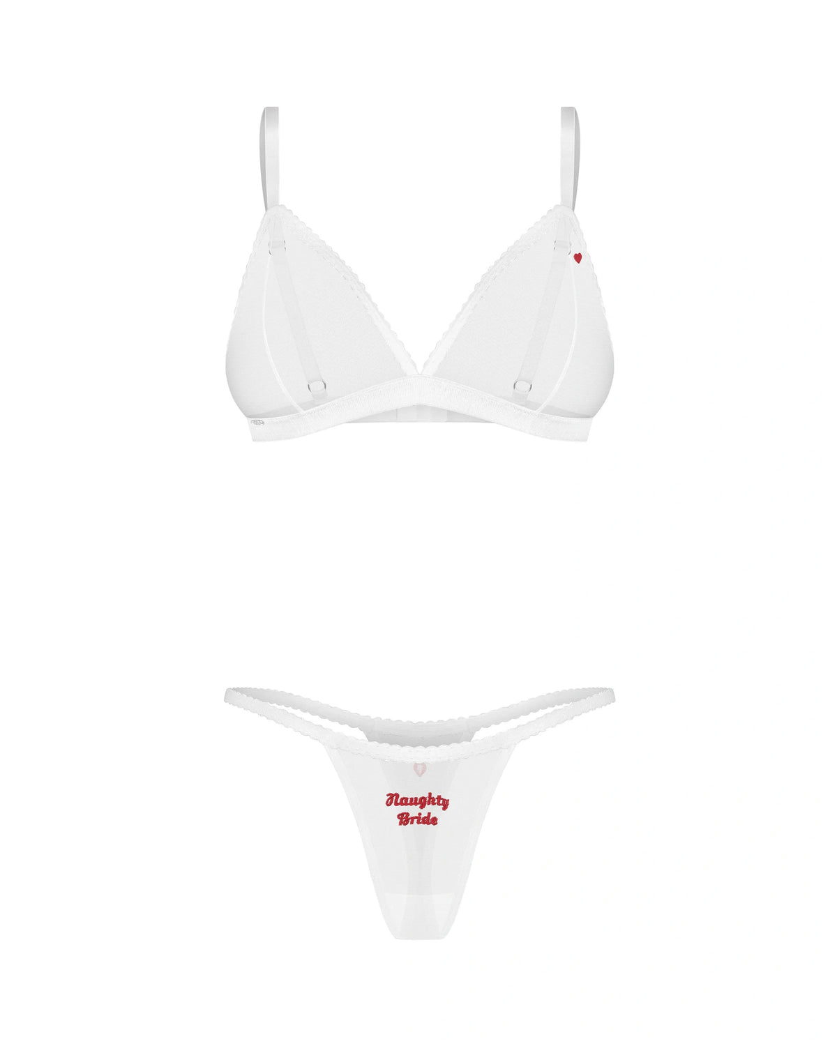 Weiße Weddya Bride Brautwäsche mit Triangel-BH und String in Vorderansicht, mit feinen Abschlüssen, rotem Herz am BH und „Naughty Bride“-Stickerei am String.