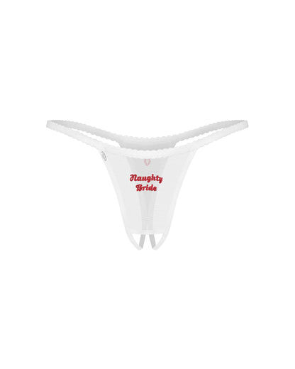 Nahaufnahme der Vorderseite des weißen Weddya Bride Strings aus leicht transparentem Stoff mit schmalen Bändern und roter „Naughty Bride“-Stickerei.