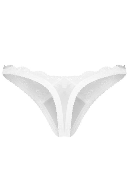 Rückansicht des weißen Weddya String-Tangas mit halbtransparentem Stoff, Spitzendetails und schmal geschnittener Rückseite.