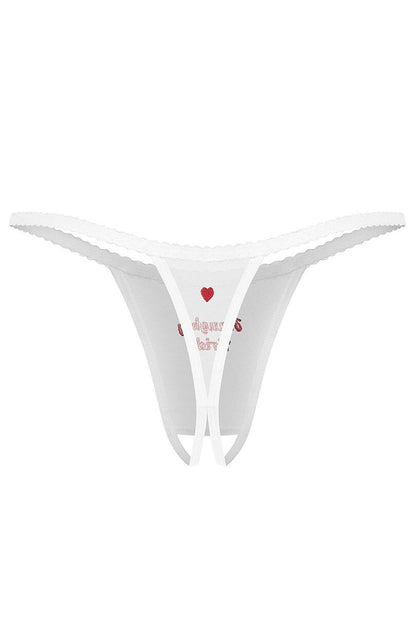 Rückansicht des weißen Ouvert-Strings mit schmalen Bändern, offenem Schnitt und einem kleinen rot gestickten Herz.