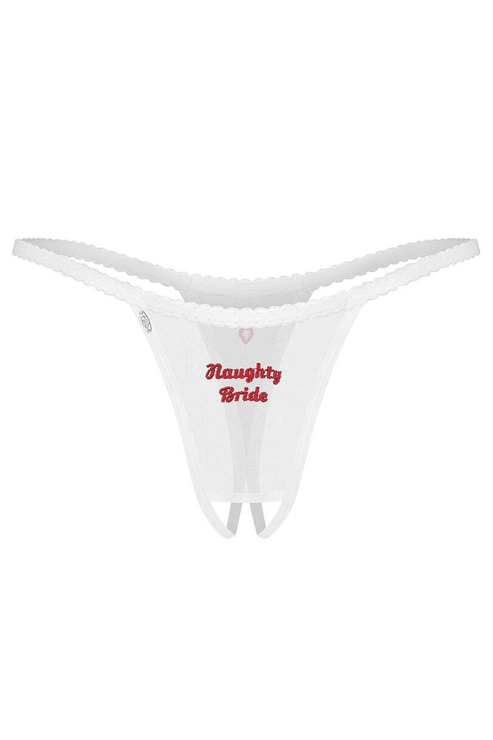  StringsVorderansicht des weißen Ouvert-Strings „Naughty Bride“ mit transparentem Stoff, gewellten Bändern und roter Schriftstickerei. model 229442 Obsessive 