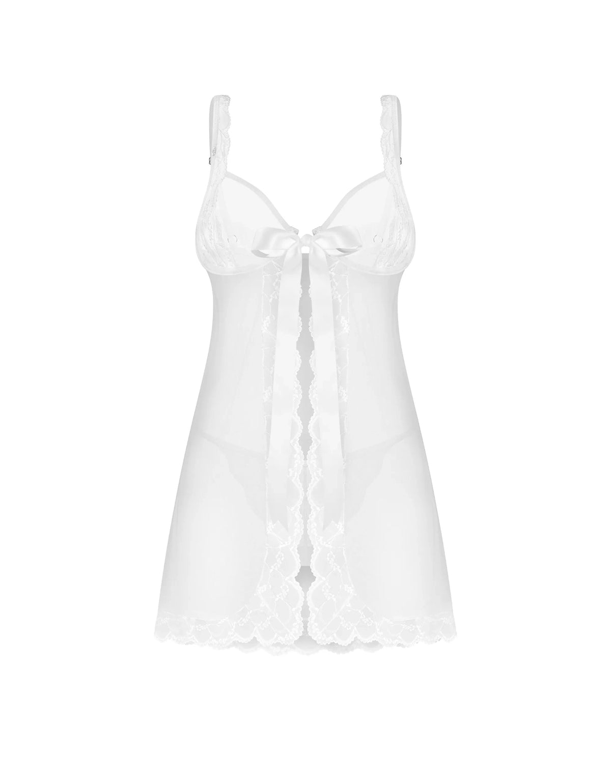 Freigestellte Vorderansicht des weißen Babydolls mit Bügel-Cups, halbtransparentem Mesh, Spitzenverzierungen und Satin-Schleife.